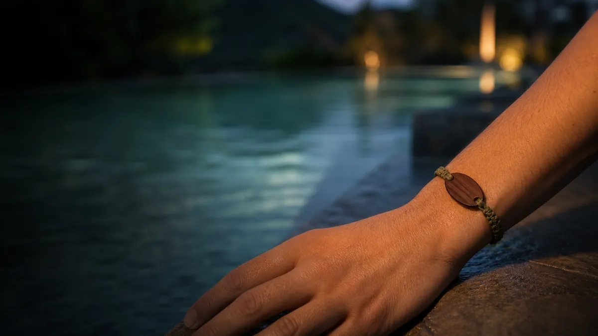 Wood-and-cotton RFID wristband beside a resort pool at dusk