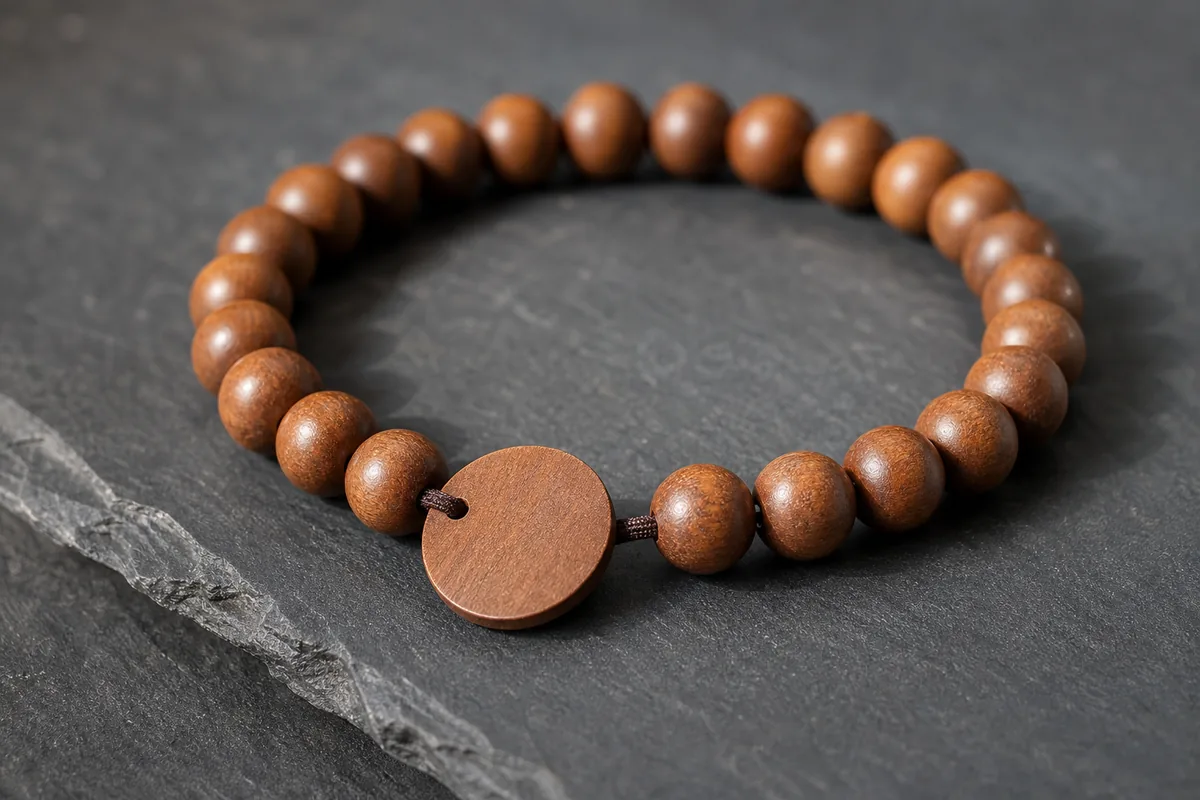 Wood bead wristband, product photograph