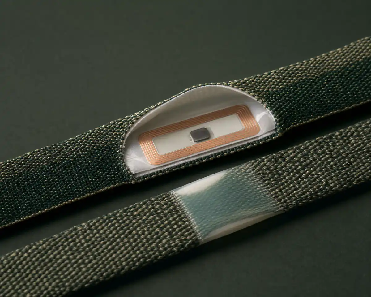 Close-up of the transponder pocket inside a woven band